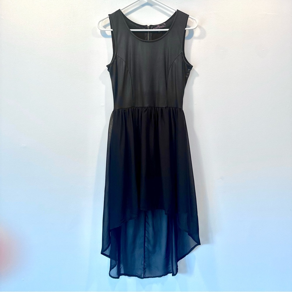 Almost Famous Black Sheer Faux Leather Asymmetrical High-Low Dress, Size M
